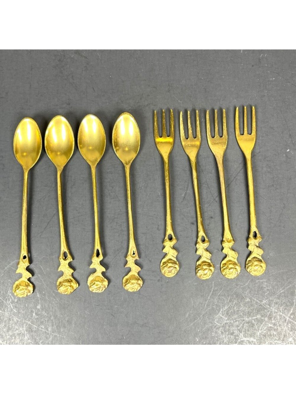 Vintage Gold Color Rose Handle Demitasse Coffee Spoon Dessert Salad Fork 8 pc
